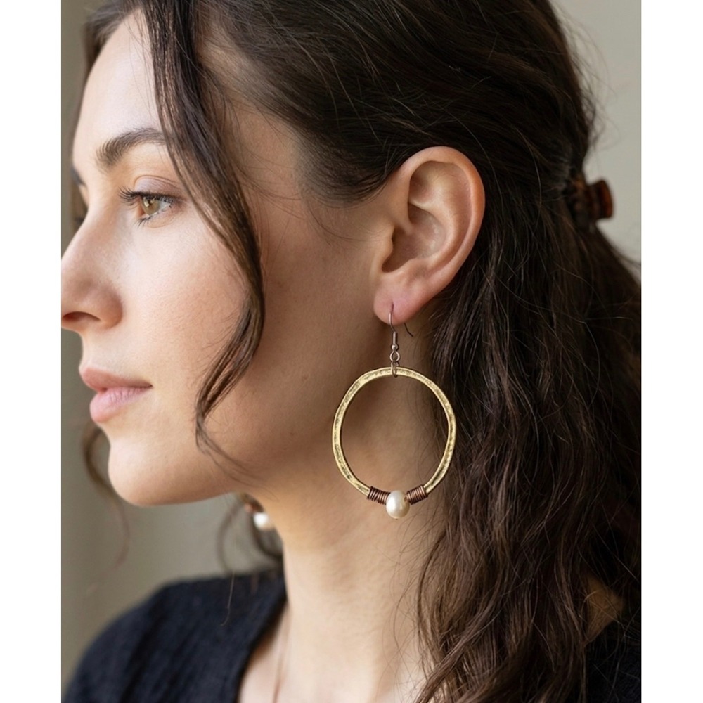 Gold Hammered‎ Hoop Earrings with Wire Wrap and Pearl Detail Boho Dangle